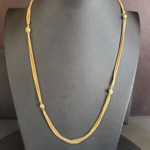 Monet Long Triple Strand Gold Tone Knot Station Chain Necklace Classic Signed
